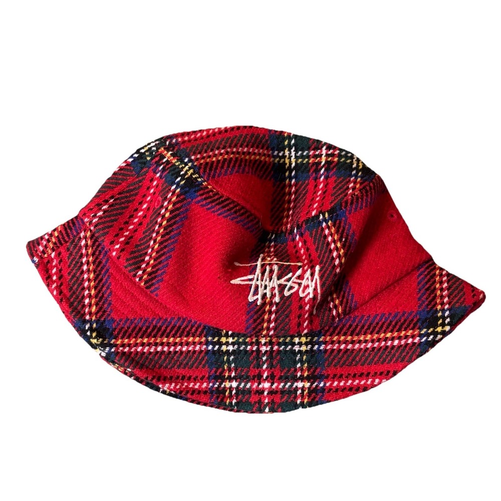 NWT Stussy Big Logo Plaid Bucket‎ Hat Red S/M Y2K 90s Style Streetwear